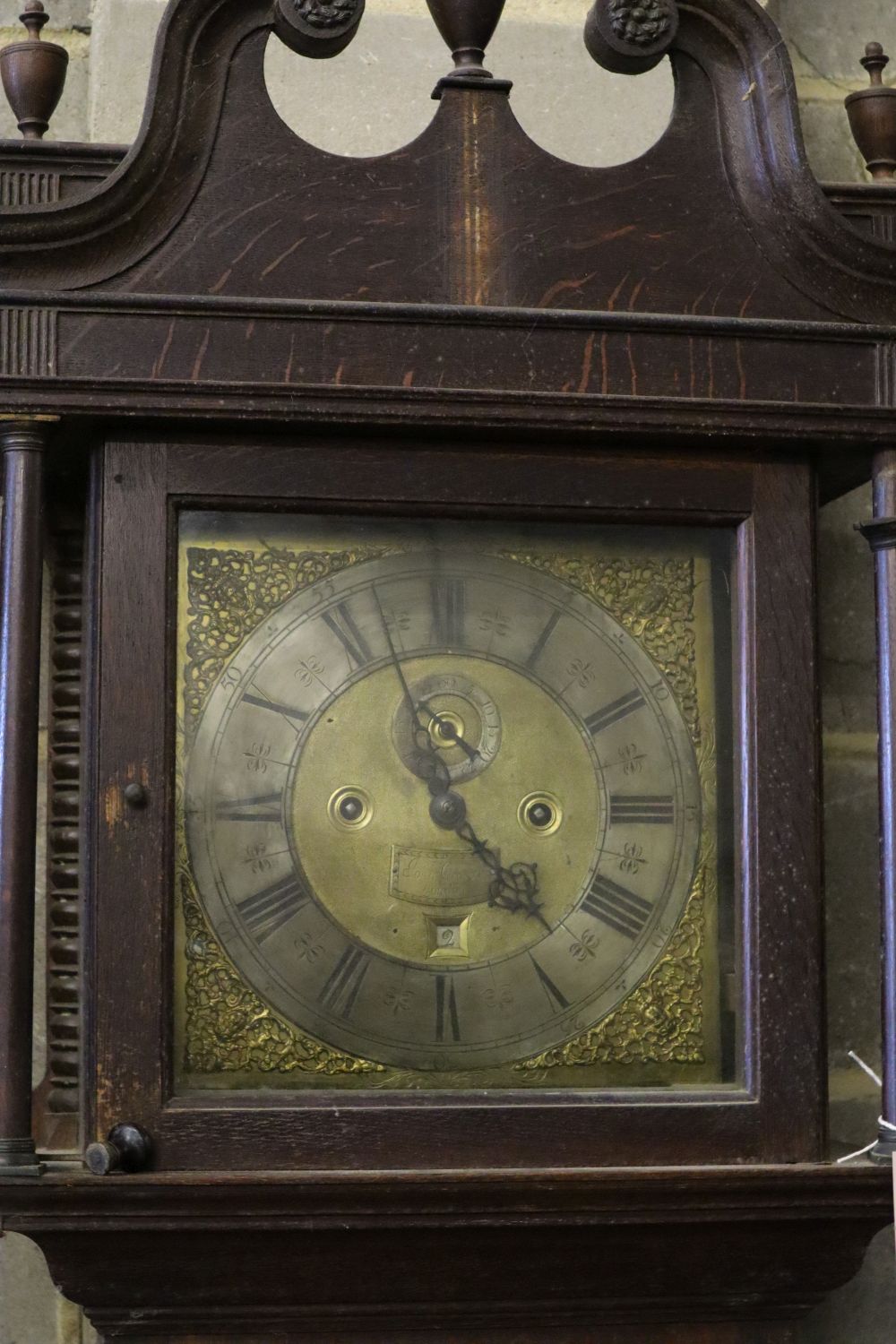 John Gibson, London. A late 18th century oak cased eight day longcase clock, height 228cm